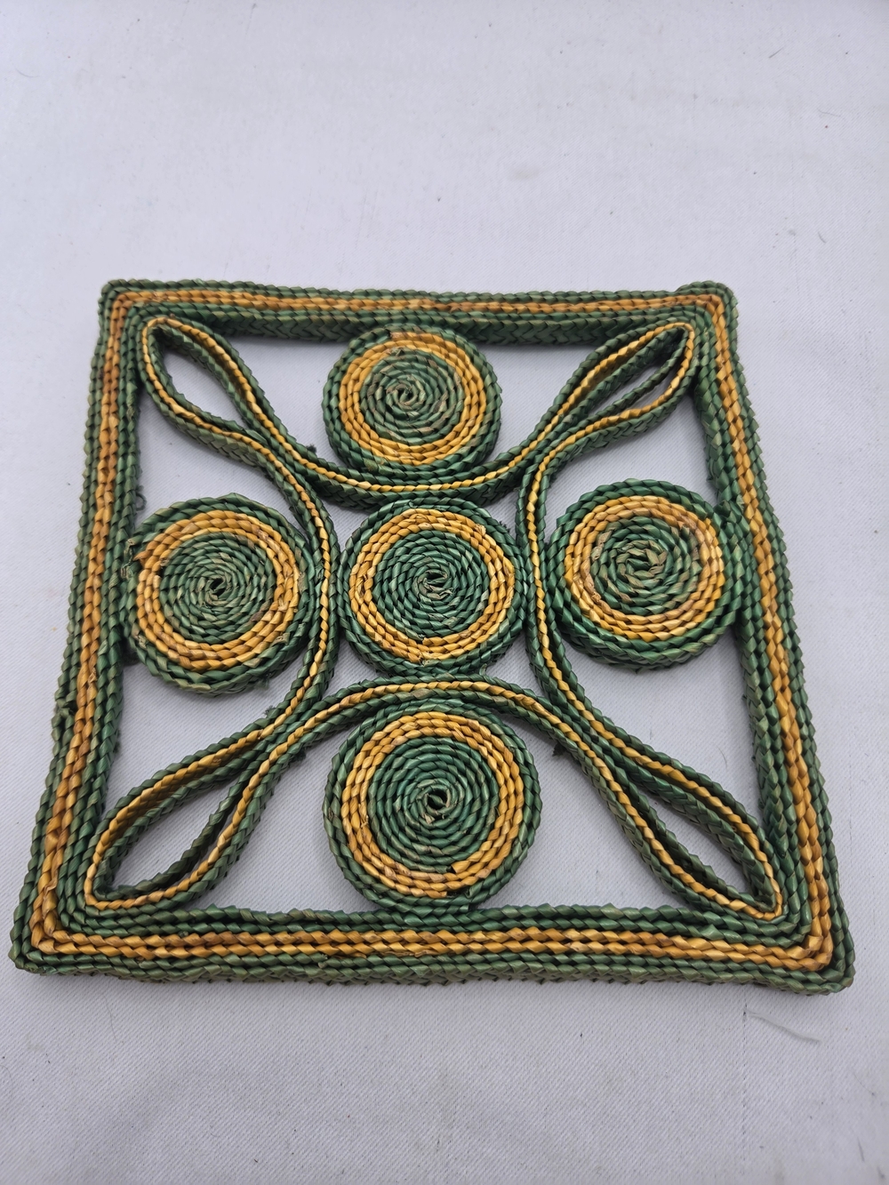 Handwoven Wicker Trivet Green Yellow Geometric Abstract Square Matte 7 in